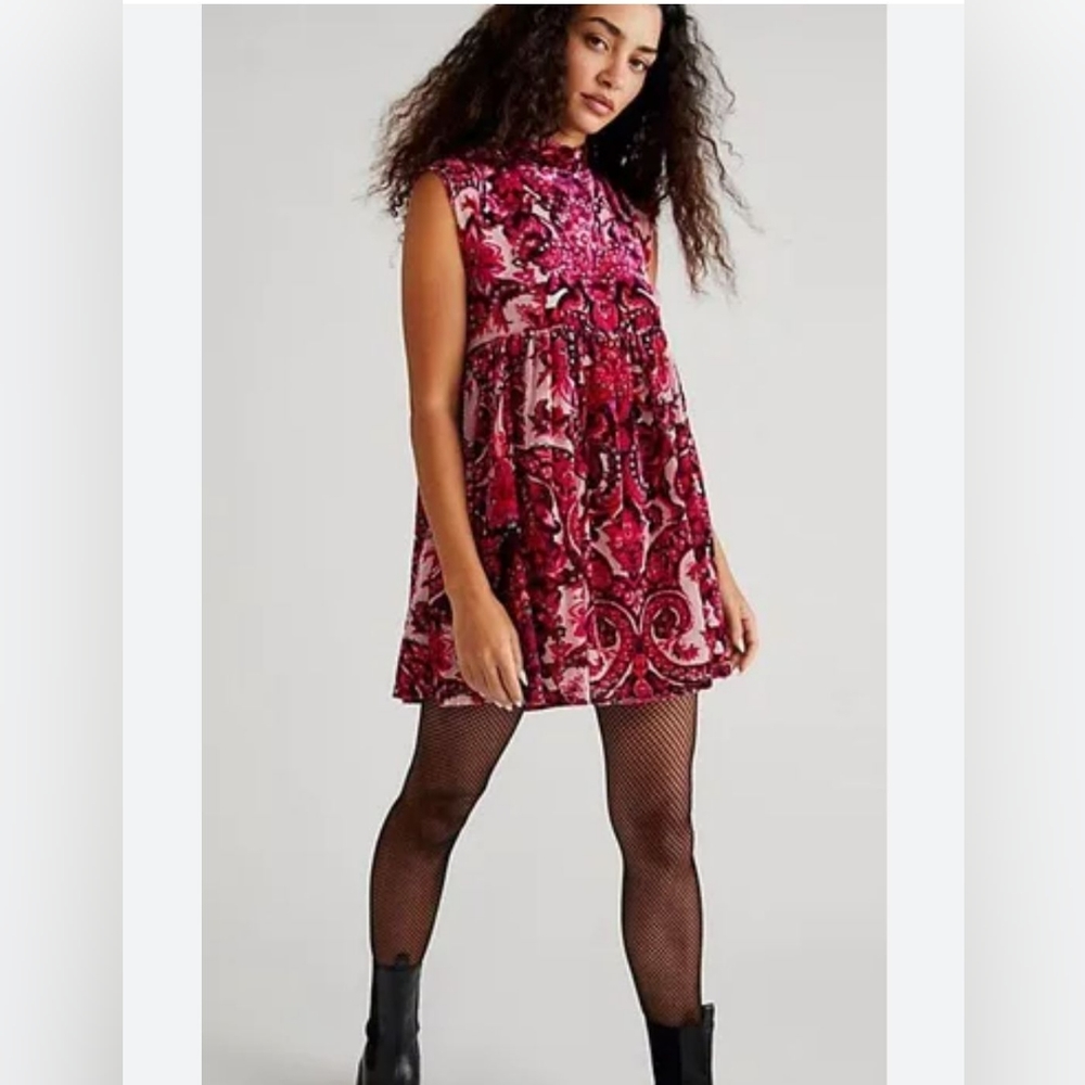 Free People All the time Velvet mini paisley dress small NWOT